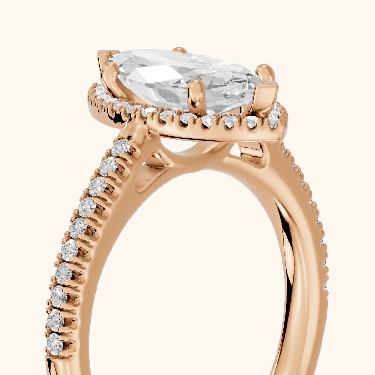 Tempe Halo Pavé Marquise Diamond Engagement Ring in Rose Gold - slant-view.webp