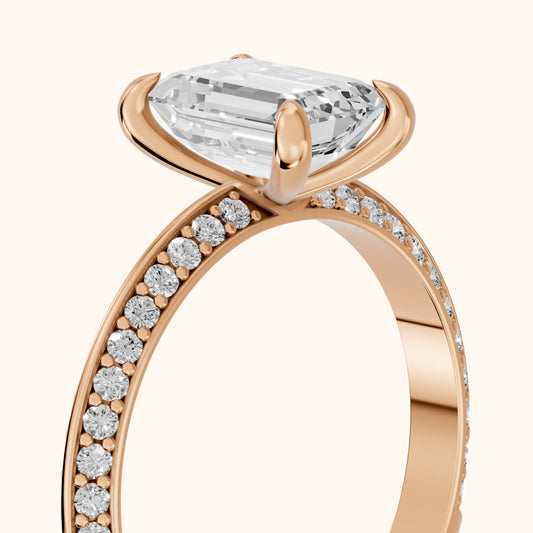 Meredith Knife Edge Pavé Emerald Diamond Engagement Ring in Rose Gold - slant-view.webp