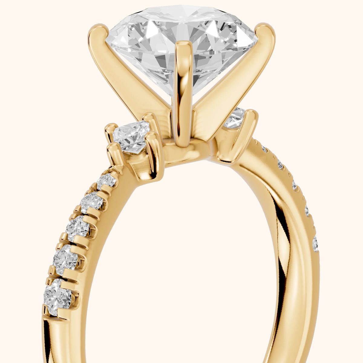 Alethea Three-Stone Pavé Round Diamond Engagement Ring in Yellow Gold - slant-view.webp