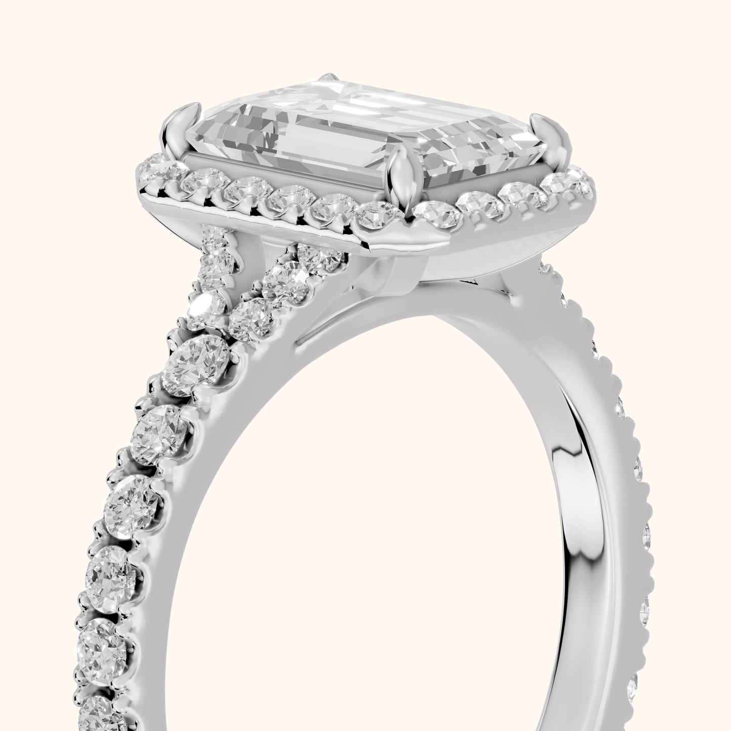 Bella Halo Pavé Emerald Diamond Engagement Ring in White Gold - slant-view.webp