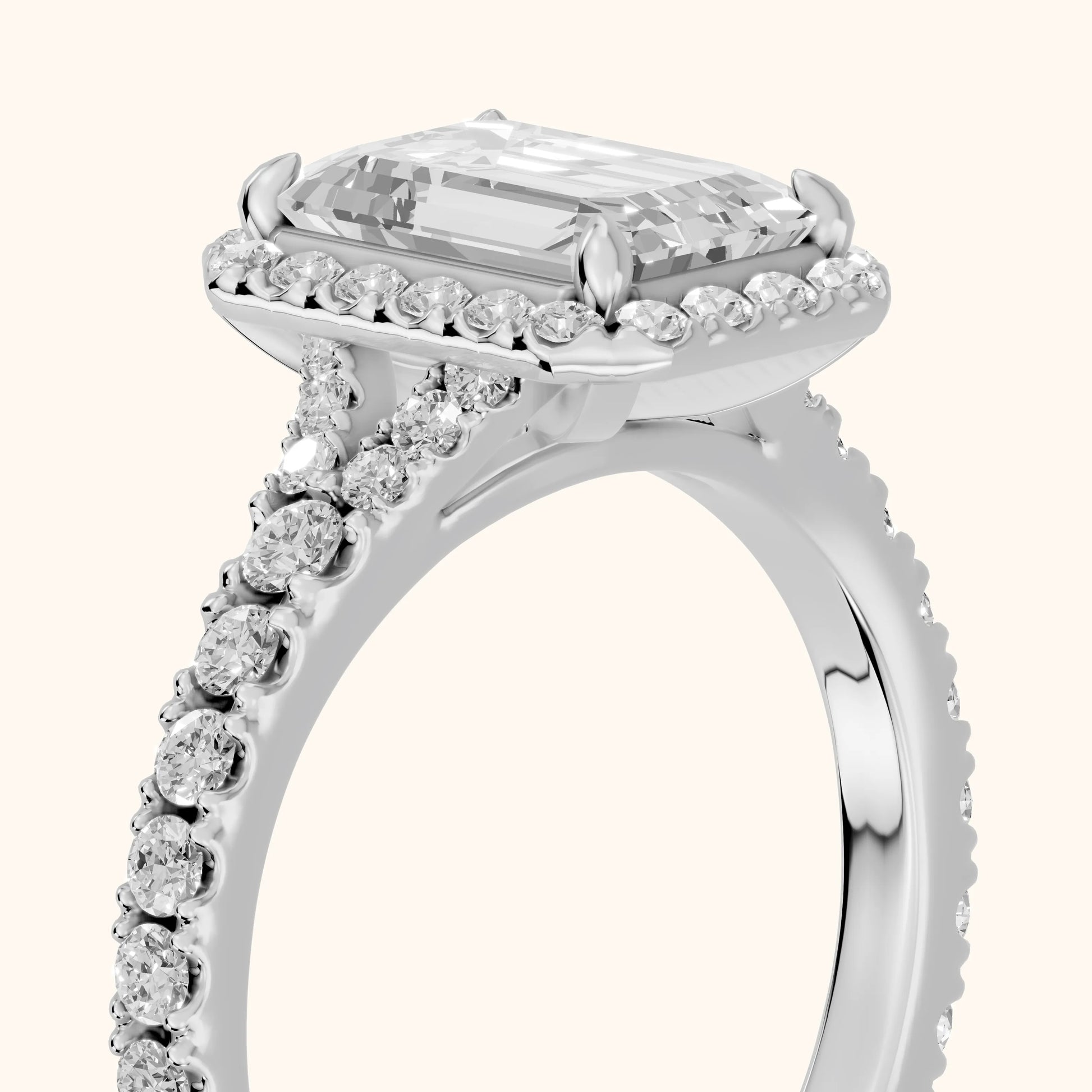 Bella Halo Pavé Emerald Diamond Engagement Ring in White Gold - slant-view.webp