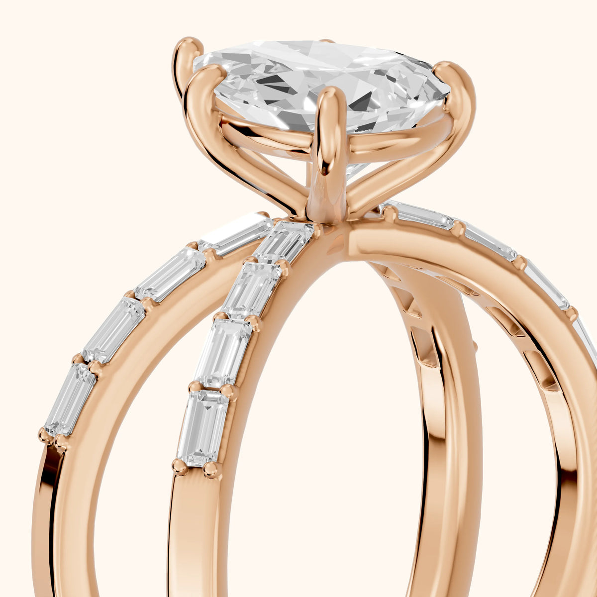 Annie Crossover Baguette Pear Diamond Engagement Ring in Rose Gold - slant-view.webp
