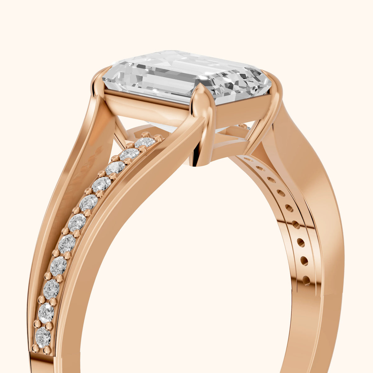 Lucinda Split Shank Emerald Diamond Engagement Ring in Rose Gold - slant-view.webp