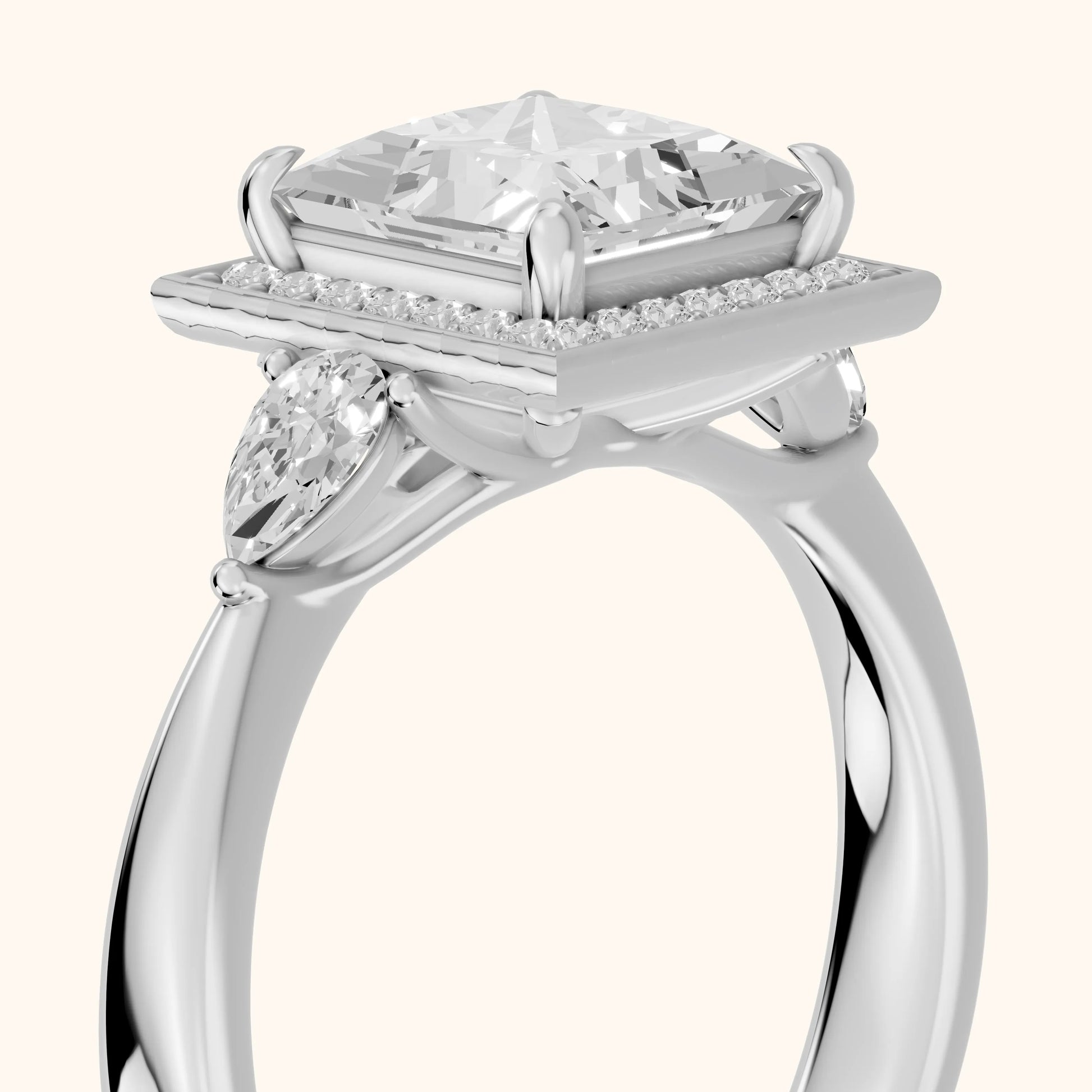 Eliza Halo Sidestone Princess Diamond Engagement Ring in Platinum - slant-view.webp