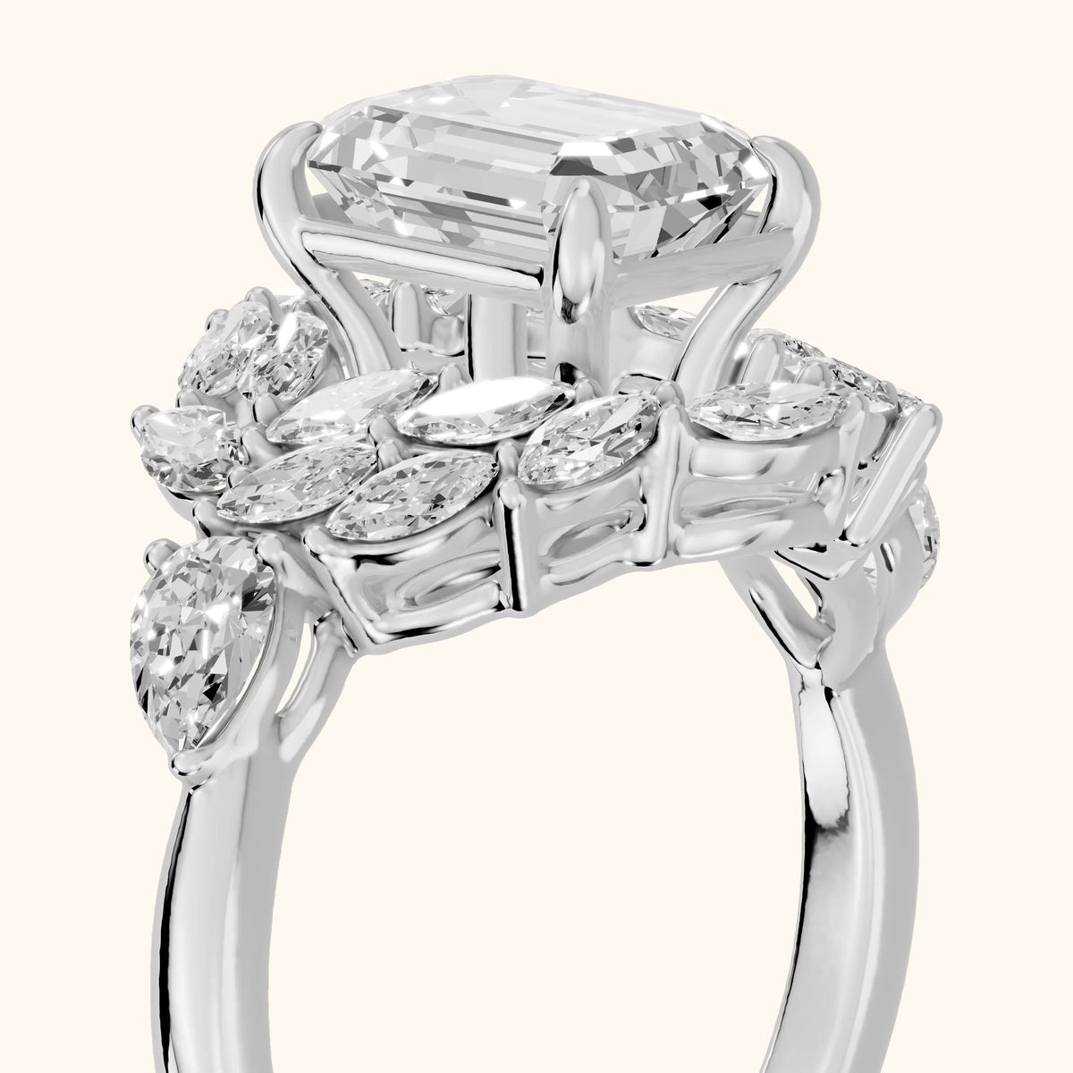 Liliana Leaf Cluster Emerald Diamond Engagement Ring in White Gold - slant-view.webp