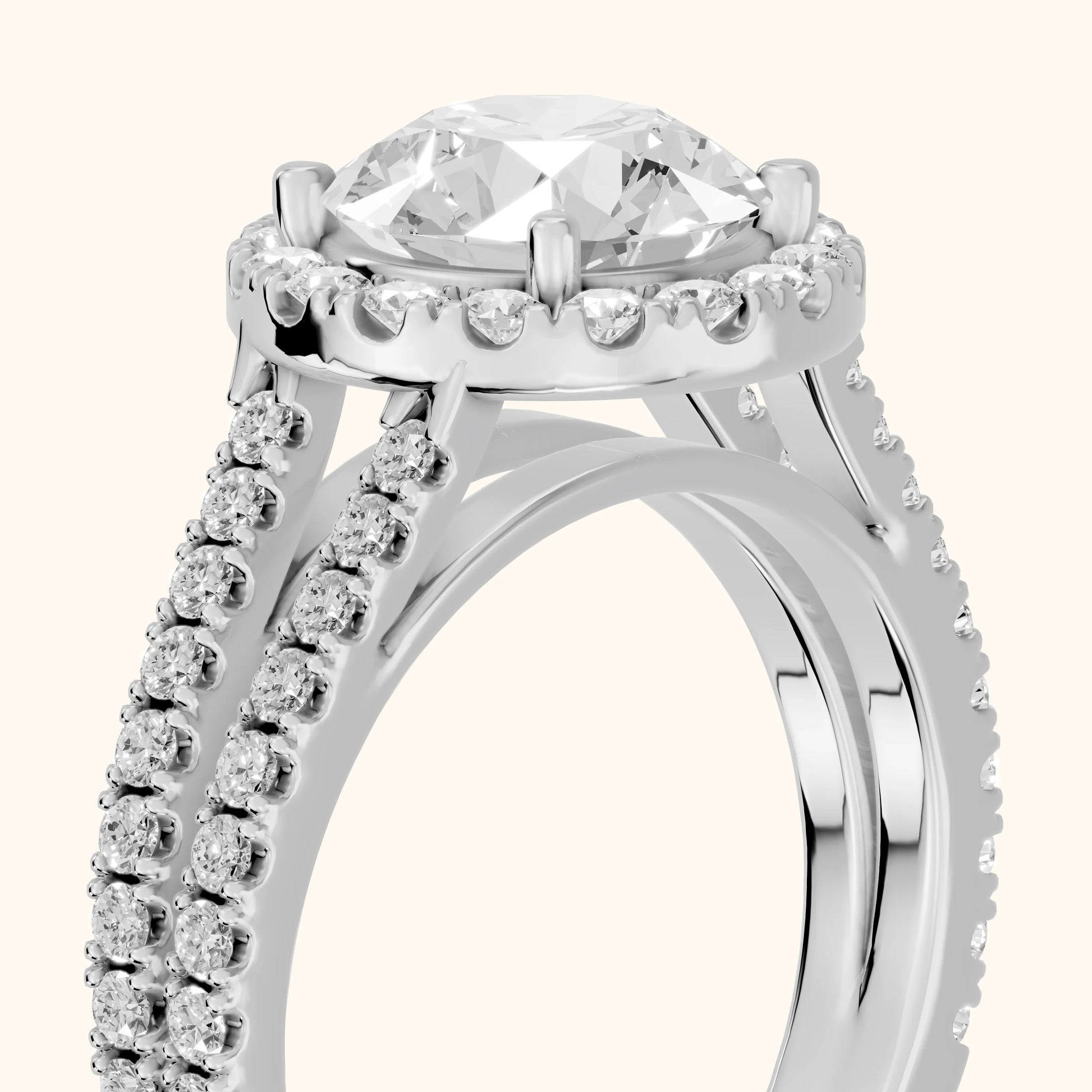 Kira Halo Split Shank Round Diamond Engagement Ring in Silver - slant-view.webp