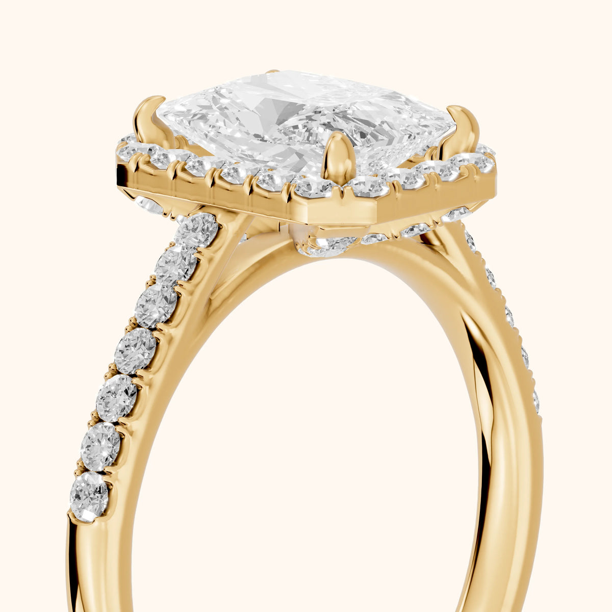 Alma Halo Pavé Radiant Diamond Engagement Ring in Yellow Gold - slant-view.webp