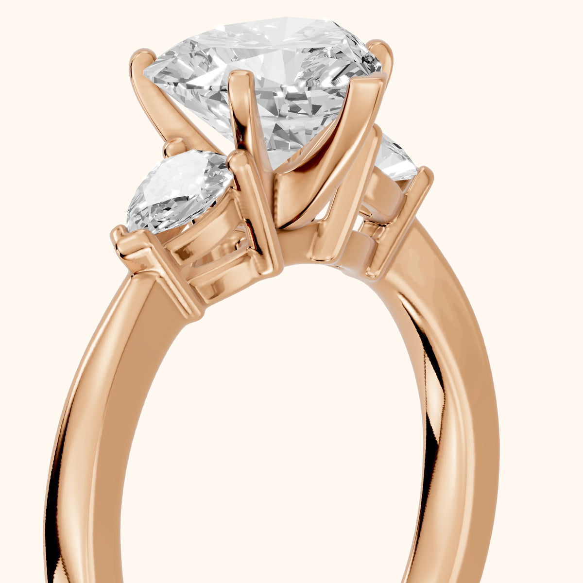 Amabel Three-Stone Heart Diamond Engagement Ring in Rose Gold - slant-view.webp