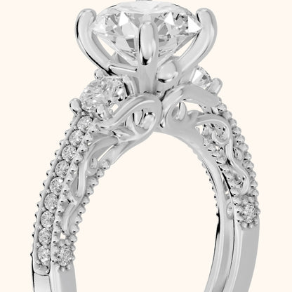 Mandy Milgrain Three-Stone Round Diamond Engagement Ring in White Gold - slant-view.webp
