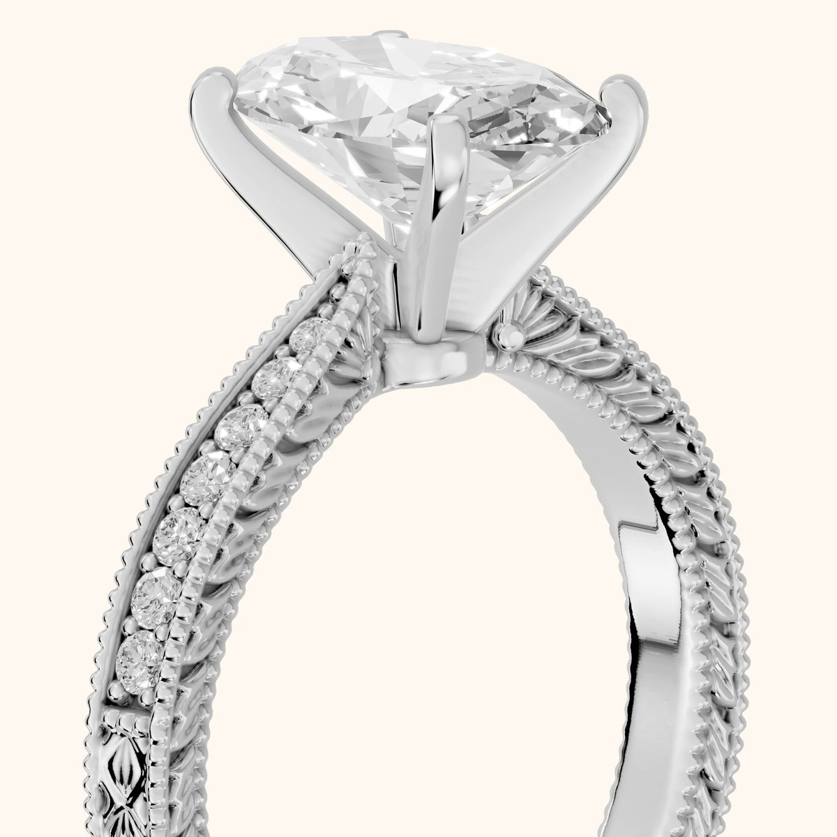 Inga Vintage Engraved Oval Diamond Engagement Ring in Silver - slant-view.webp