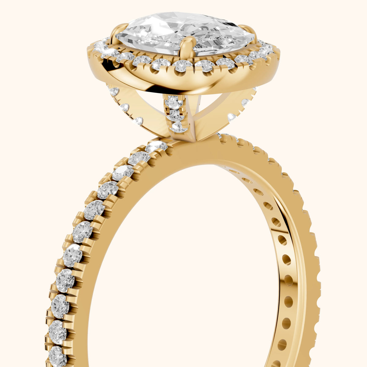 Rosemary Halo Pavé Cushion Diamond Engagement Ring in Yellow Gold - slant-view.webp