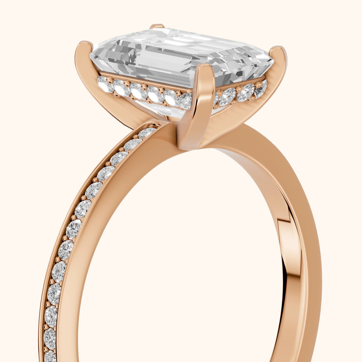 Naia Hidden Halo Emerald Diamond Ring in Rose Gold - slant-view.webp