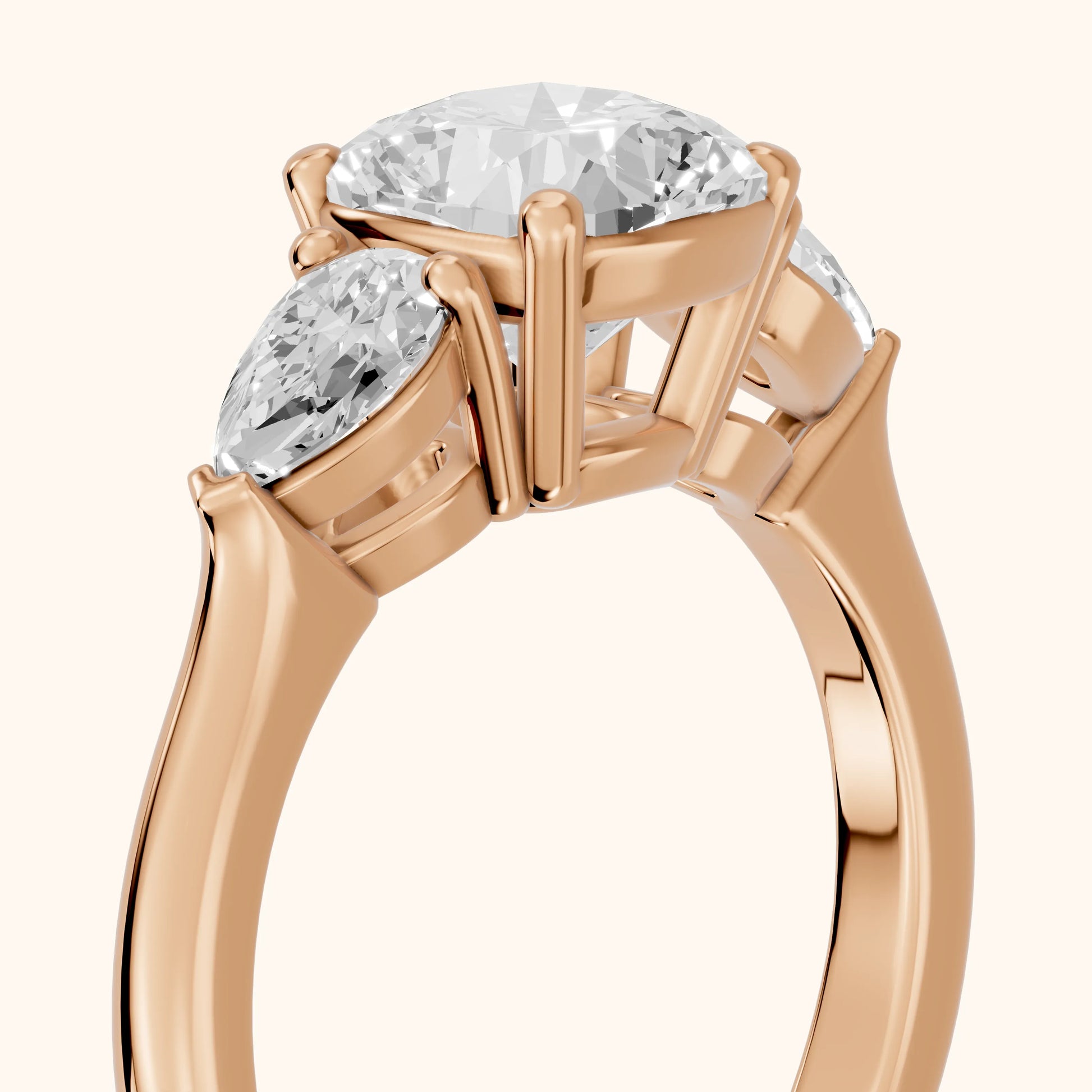 Mirabel Three-Stone Cushion Diamond Engagement Ring in Rose Gold - slant-view.webp