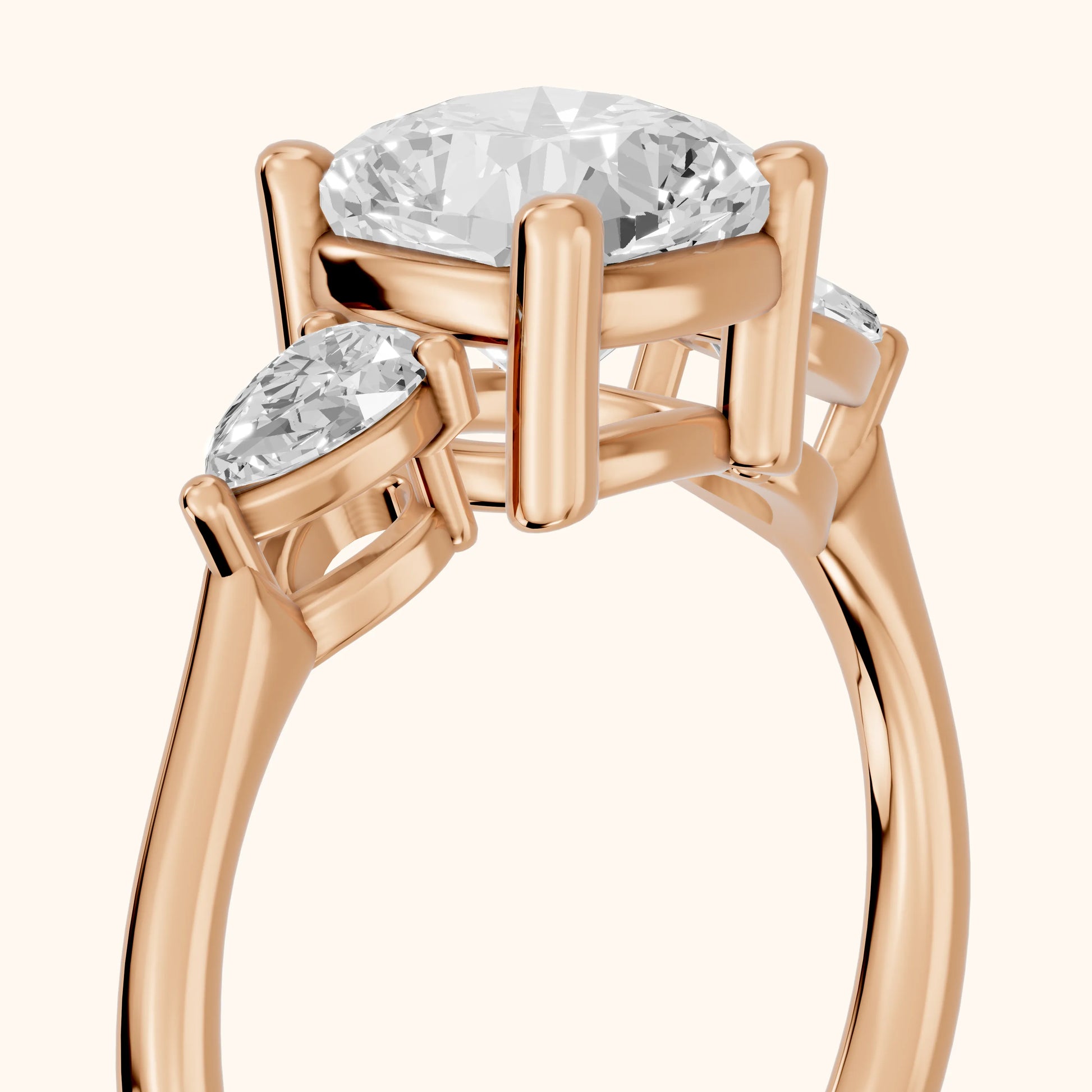 Faye Three-Stone Trellis Cushion Diamond Ring in Rose Gold - slant-view.webp