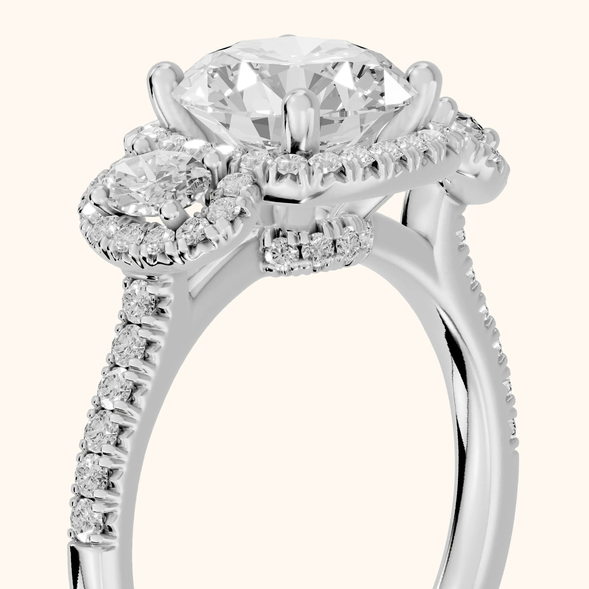 Austin Three-Stone Halo Round Diamond Engagement Ring in Silver - slant-view.webp