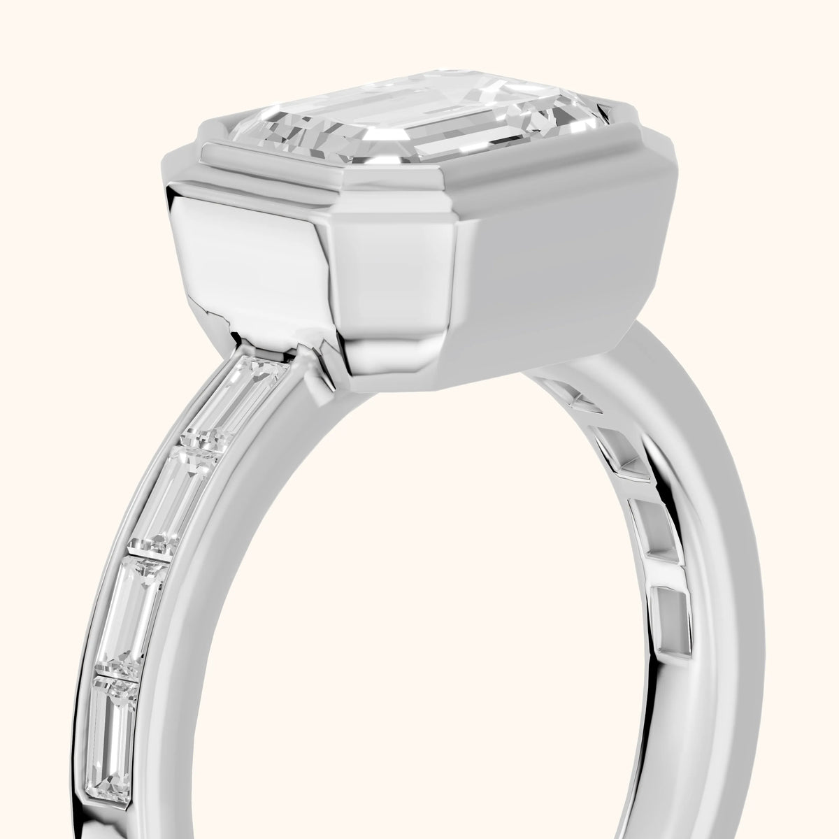 Darcy Bezel Channel Set Emerald Diamond Engagement Ring in Platinum - slant-view.webp