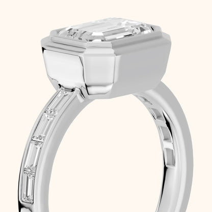 Darcy Bezel Channel Set Emerald Diamond Engagement Ring in Platinum - slant-view.webp