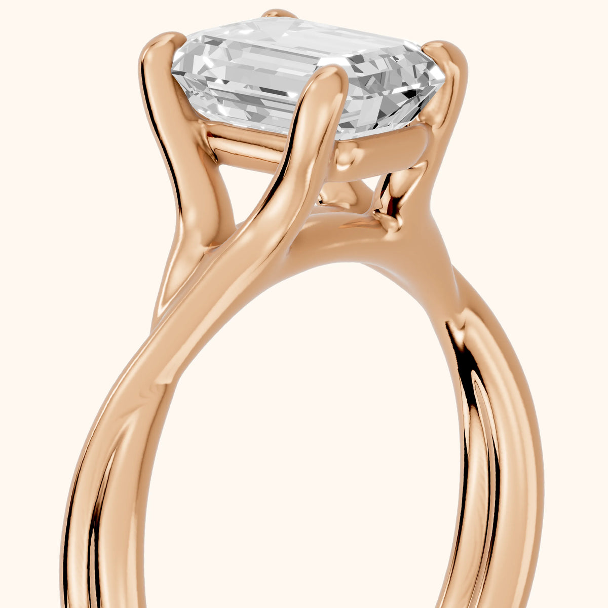 Rosa Twist Solitaire Emerald Diamond Engagement Ring in Rose Gold - slant-view.webp