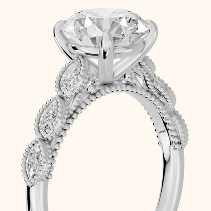 Freya Milgrain Leaf Round Diamond Engagement Ring in Silver - slant-view.webp