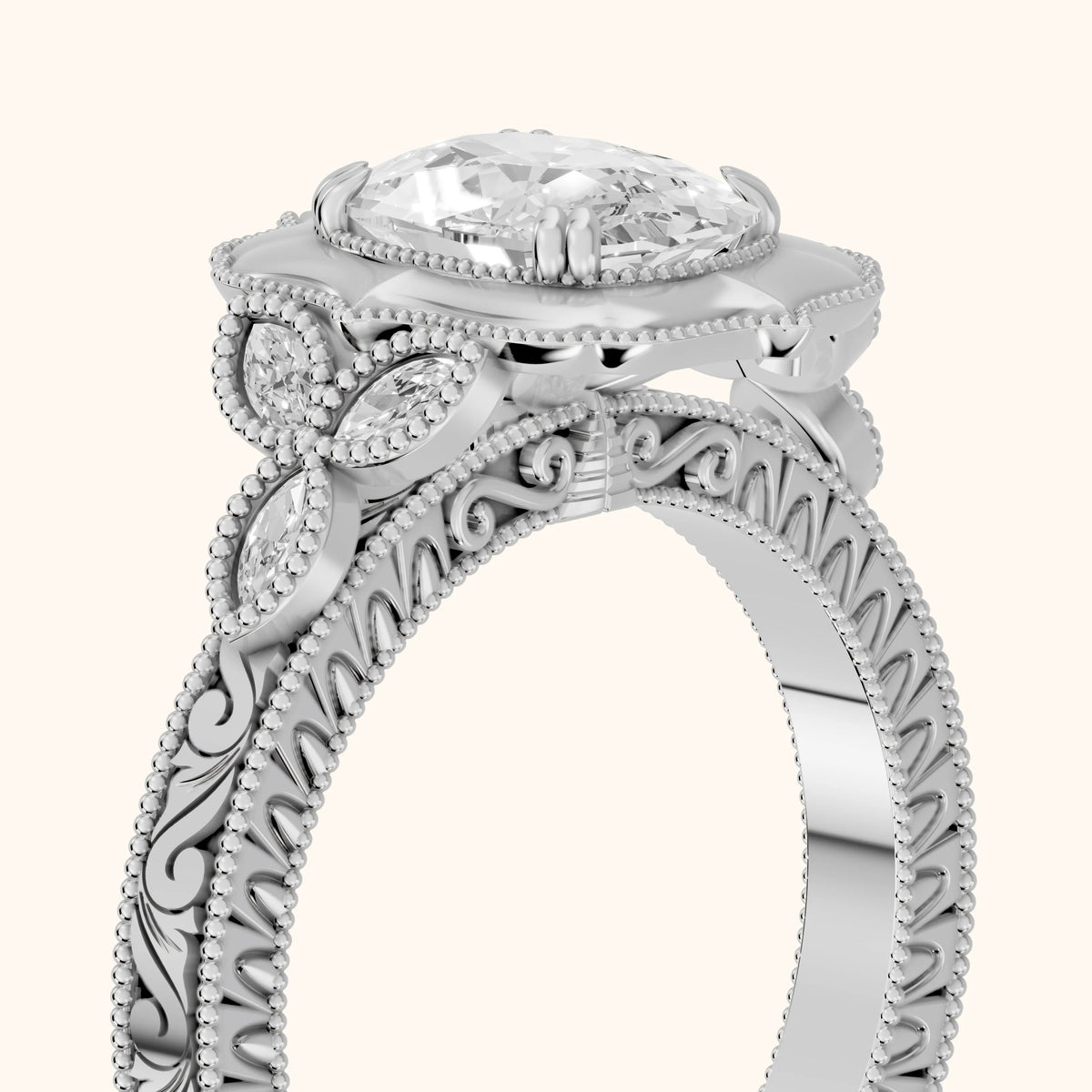 Shasta Vintage Scalloped Cushion Diamond Engagement Ring in White Gold - slant-view.webp