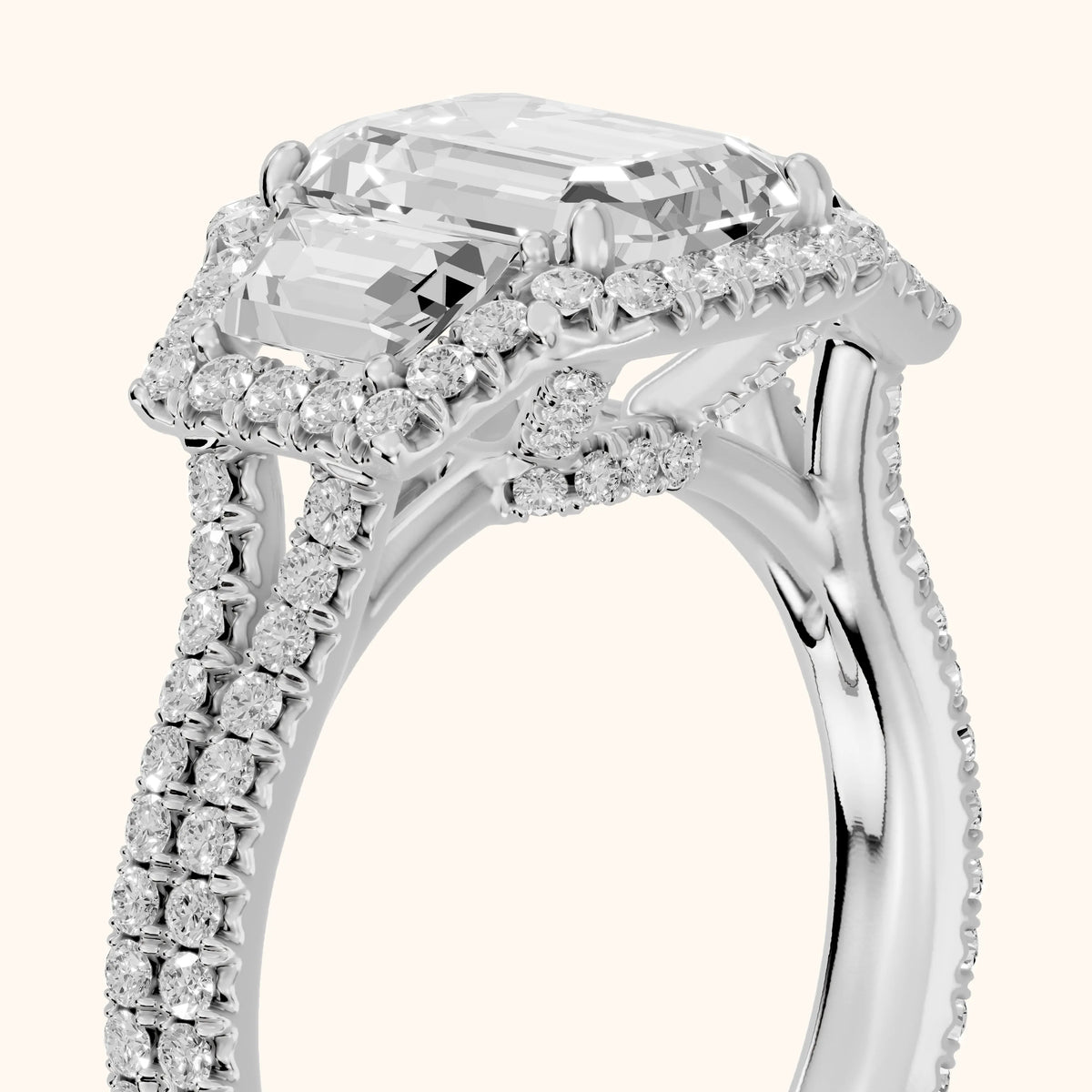 Oakley Three-Stone Split Shank Emerald Diamond Engagement Ring in Silver - slant-view.webp