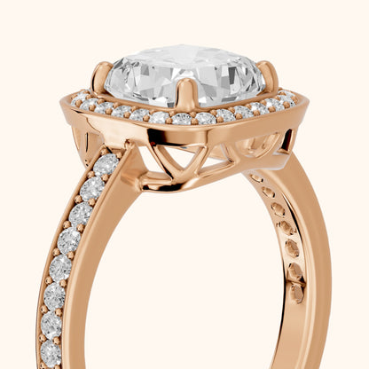 Nettie Halo Pavé Cushion Diamond Engagement Ring in Rose Gold - slant-view.webp