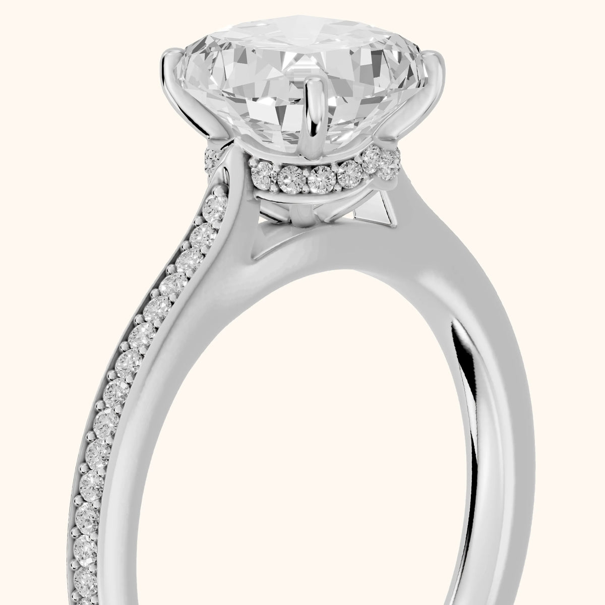 Becky Hidden Halo Cathedral Cushion Diamond Engagement Ring in Platinum - slant-view.webp