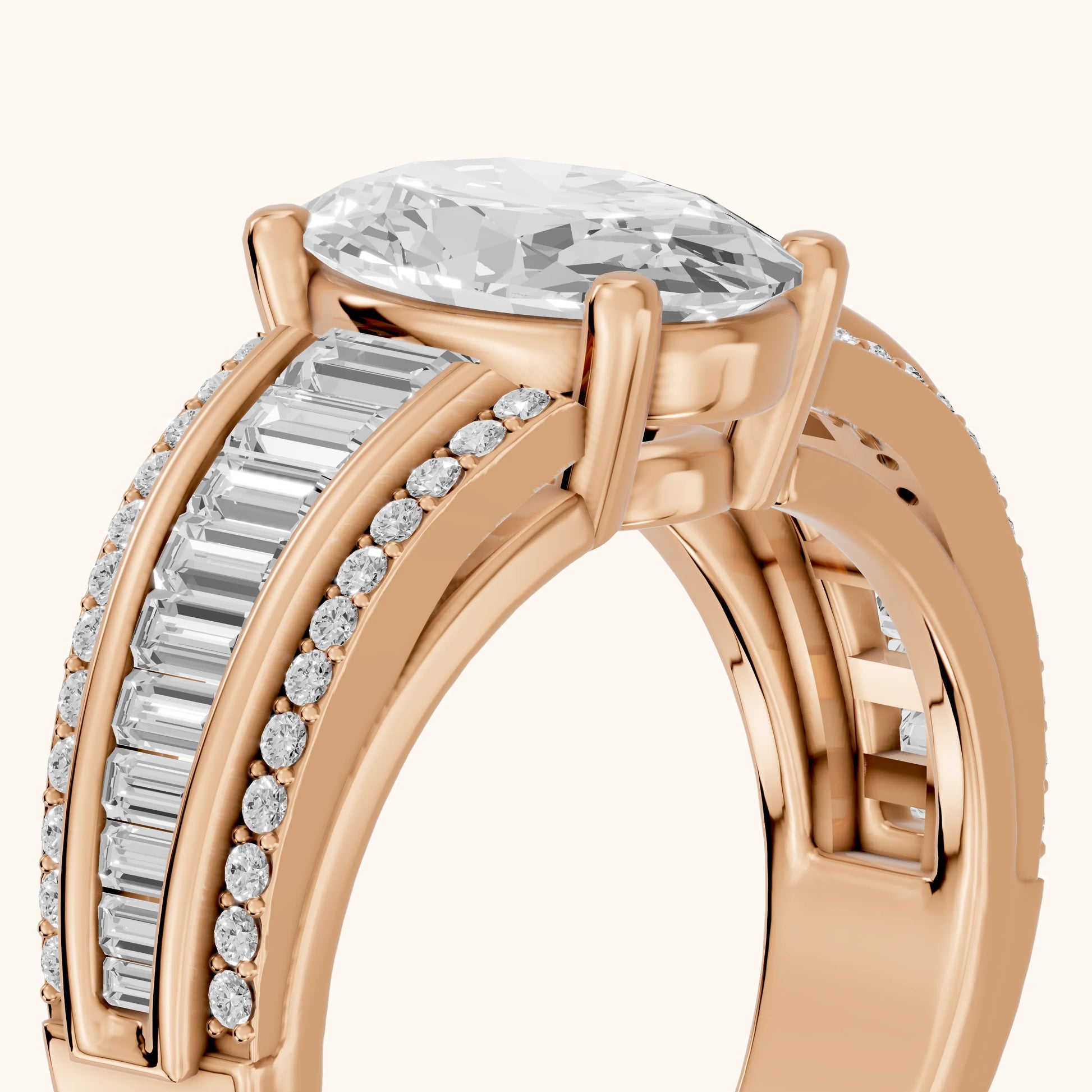 Halle Channel Set Baguette Accent Oval Diamond Engagement Ring in Rose Gold - slant-view.webp