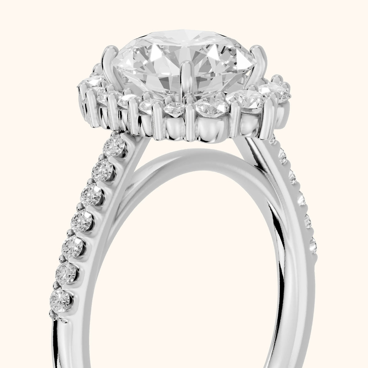 Rowena Graduated Halo Round Diamond Engagement Ring in Platinum - slant-view.webp