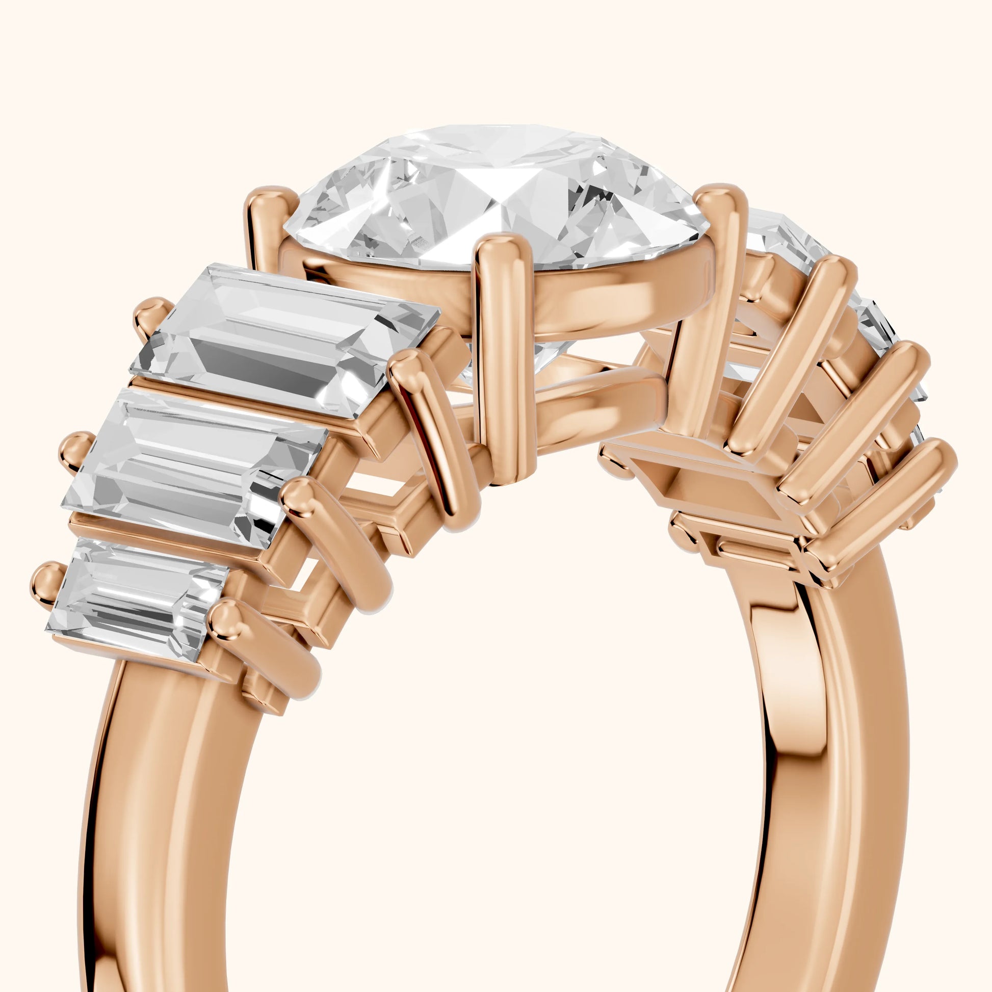 Mara Sidestone Baguette Accent Round Diamond Engagement Ring in Rose Gold - slant-view.webp