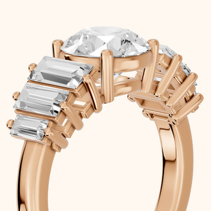 Mara Sidestone Baguette Accent Round Diamond Engagement Ring in Rose Gold - slant-view.webp