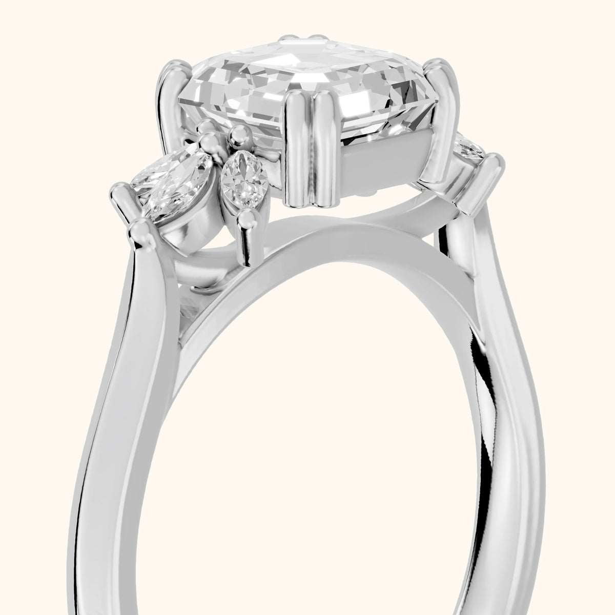 Cary Vine Cluster Asscher Diamond Engagement Ring in Platinum - slant-view.webp