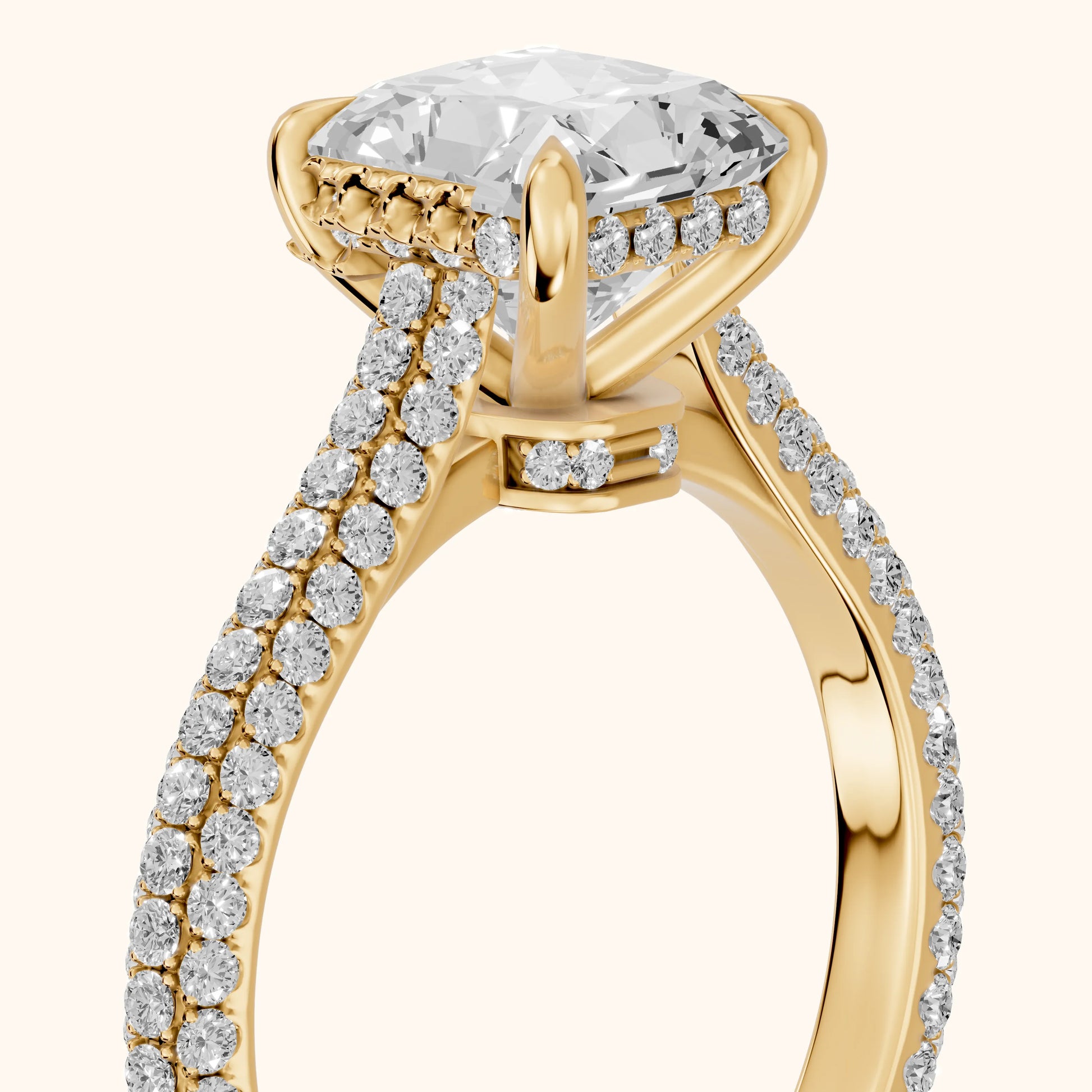 Della Hidden Halo Pavé Radiant Diamond Engagement Ring in Yellow Gold - slant-view.webp