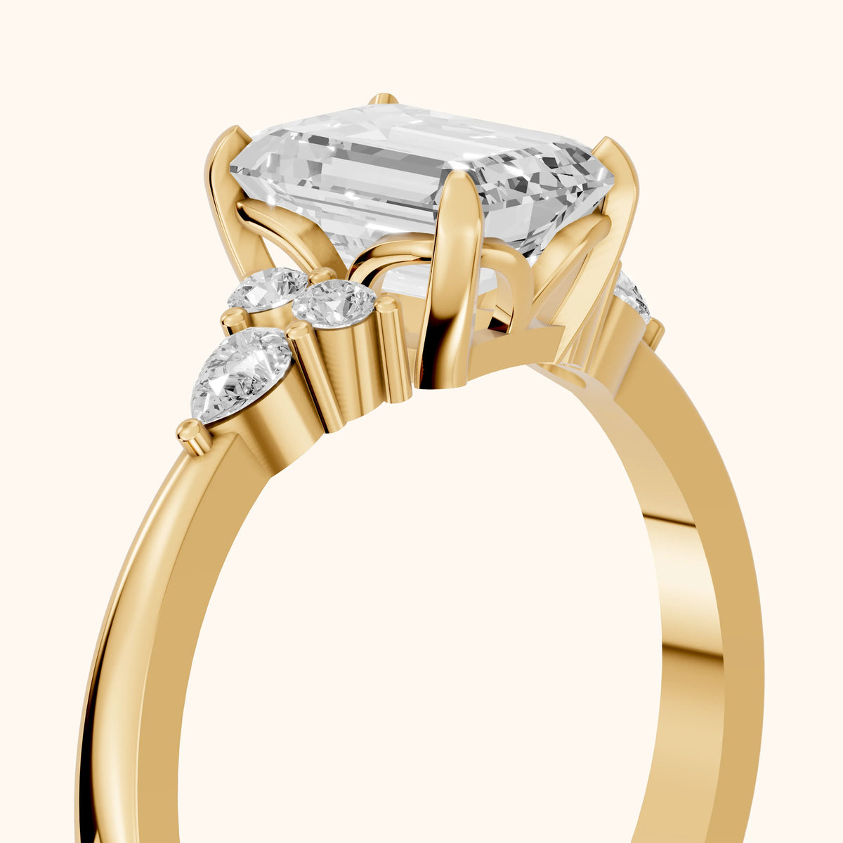 Amelia Three Stone Emerald Diamond Engagement Ring in Yellow Gold - slant-view.webp