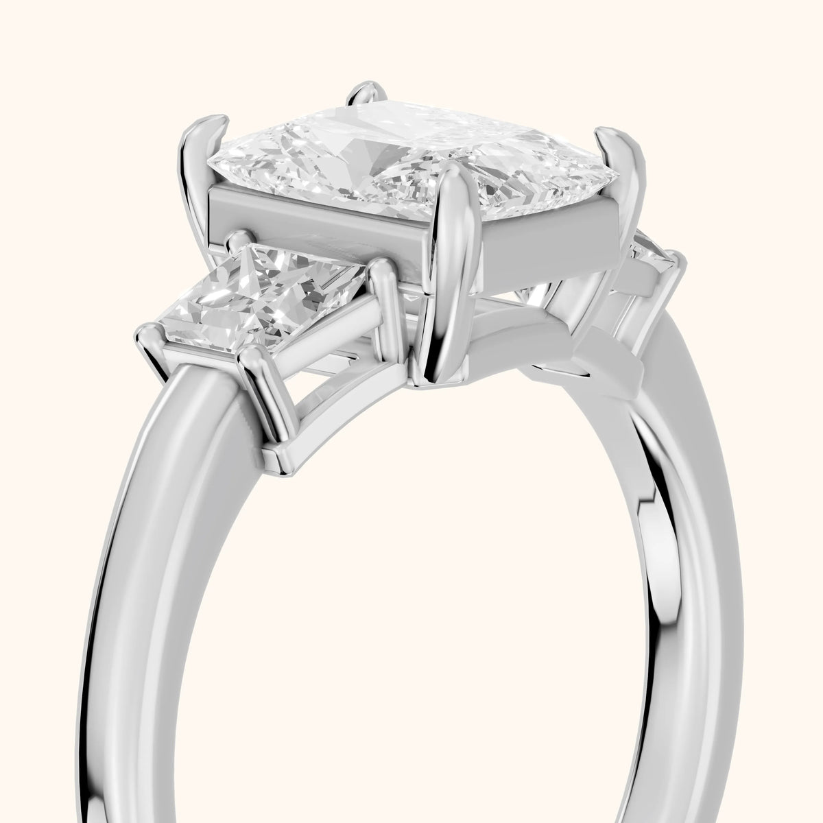 Aria Three-Stone Basket Radiant Diamond Engagement Ring in Silver - slant-view.webp