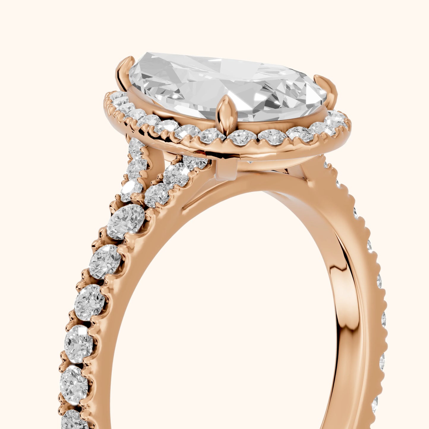Bella Halo Pavé Pear Diamond Engagement Ring in Rose Gold - slant-view.webp