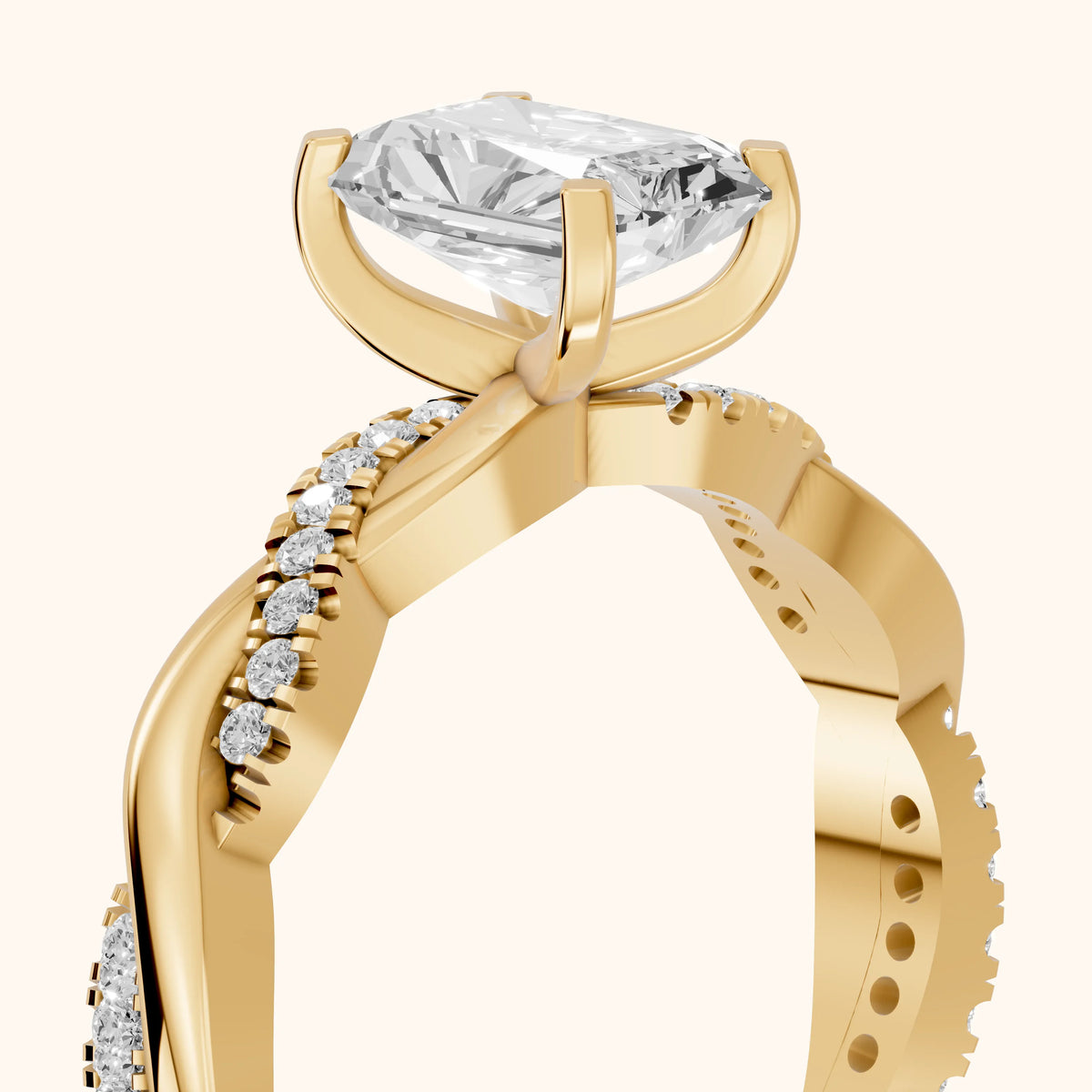 Twisted Side Stone Radiant Diamond Engagement Ring in Yellow Gold - slant-view.webp