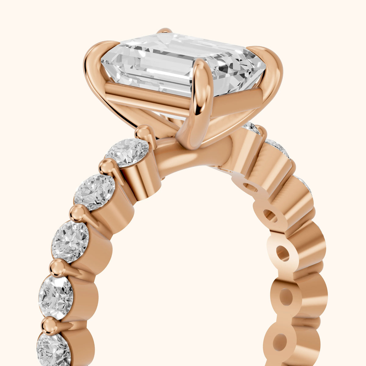 Piper Sidestone Emerald Diamond Engagement Ring in Rose Gold - slant-view.webp
