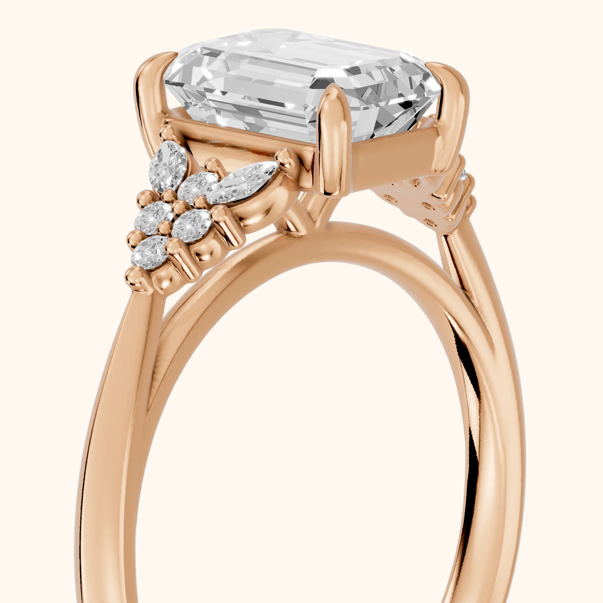 Fern Knife Edge Cluster Emerald Diamond Engagement Ring in Rose Gold - slant-view.webp