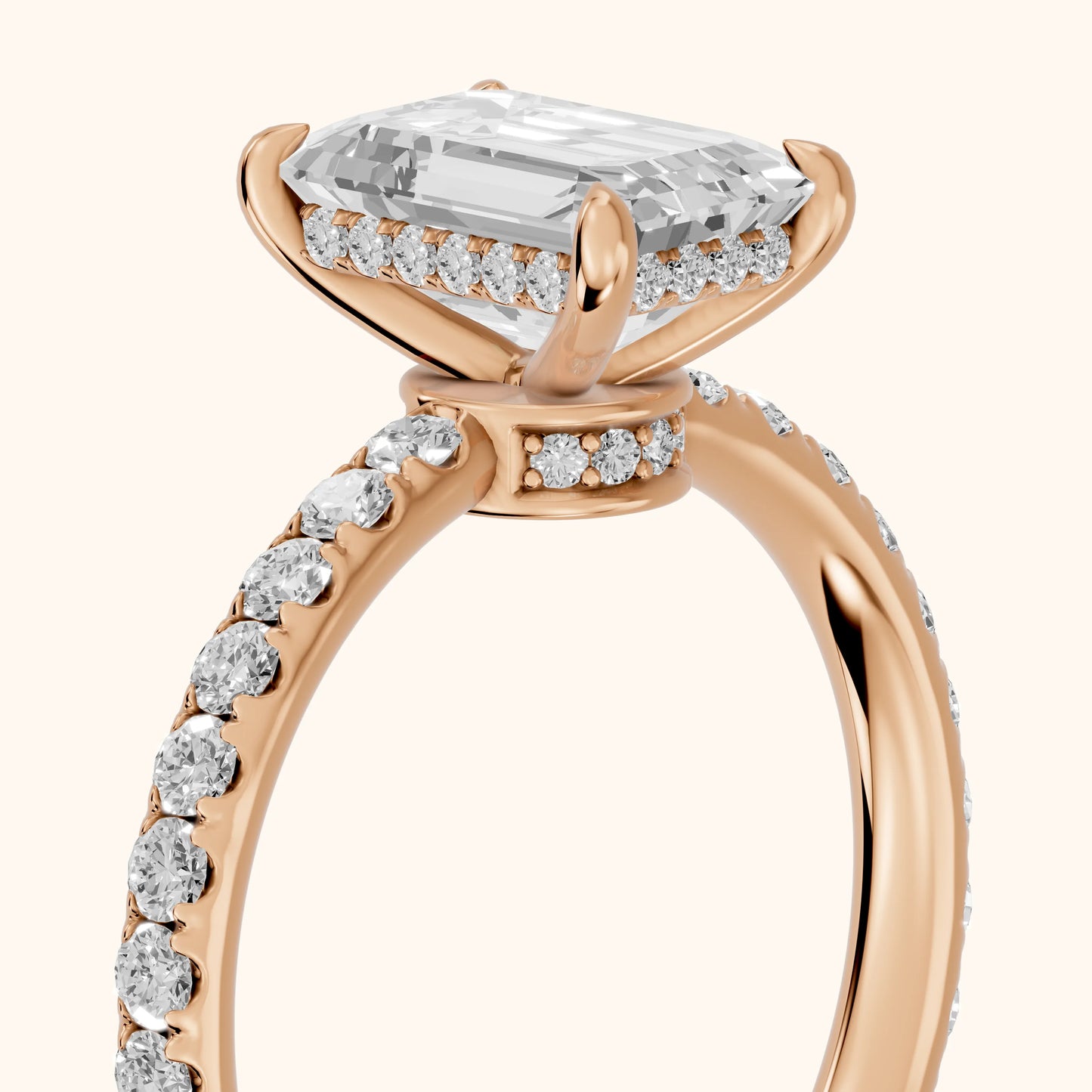 Thea Hidden Halo Pavé Emerald Diamond Engagement Ring in Rose Gold - slant-view.webp