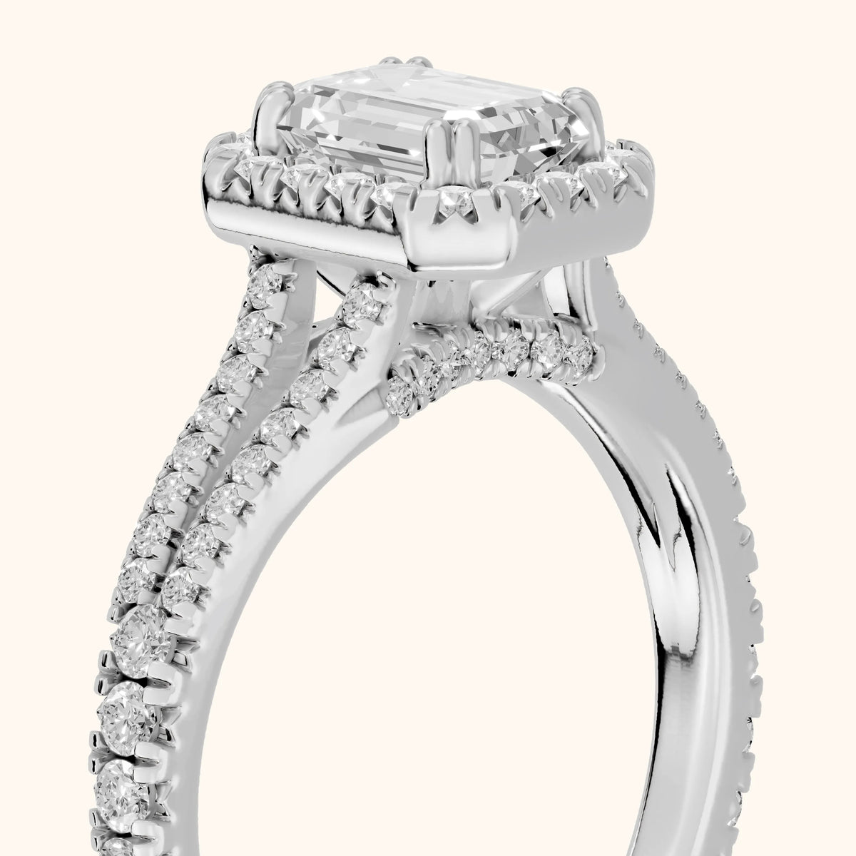 Dallas Halo Split Shank Emerald Diamond Engagement Ring in Silver - slant-view.webp