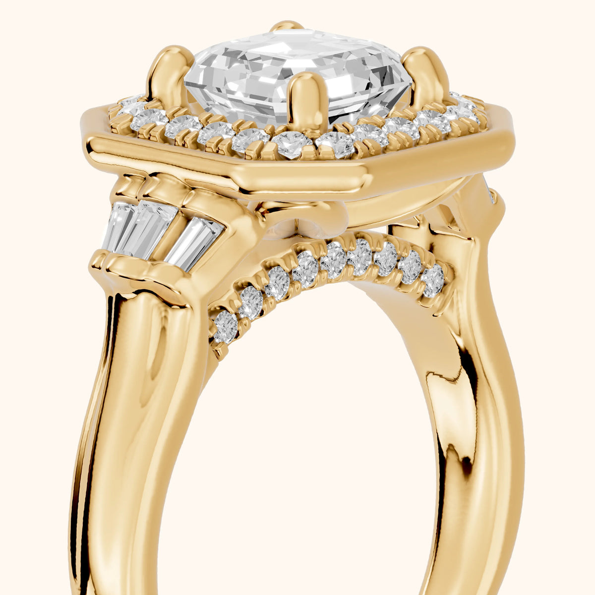 Milan Deco Halo Asscher Diamond Engagement Ring in Yellow Gold - slant-view.webp