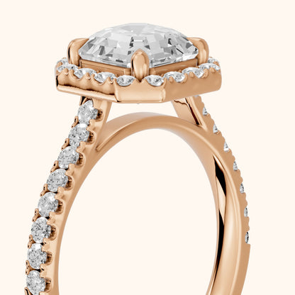 Amara Halo Claw Prong Asscher Diamond Ring in Rose Gold - slant-view.webp
