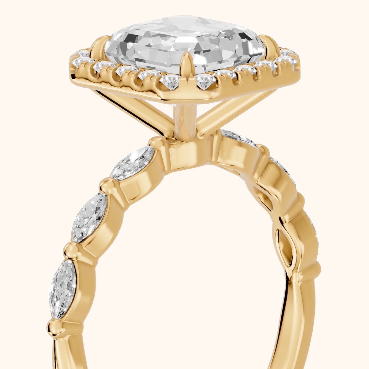 Alessandra Marquise-Side Halo Asscher Diamond Engagement Ring in Yellow Gold - slant-view.webp