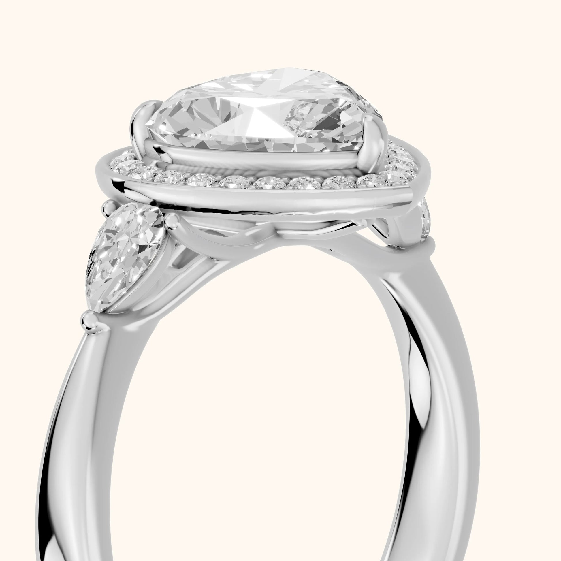 Eliza Halo Sidestone Heart Diamond Engagement Ring in Silver - slant-view.webp