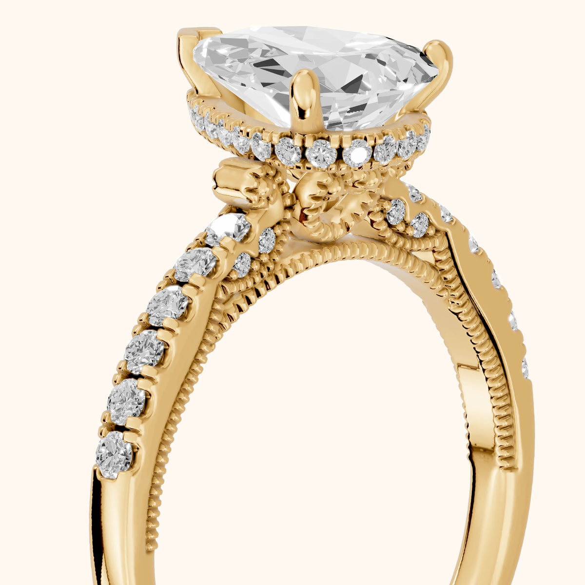 Rialto Hidden Halo Milgrain Pear Diamond Engagement Ring in Yellow Gold - slant-view.webp