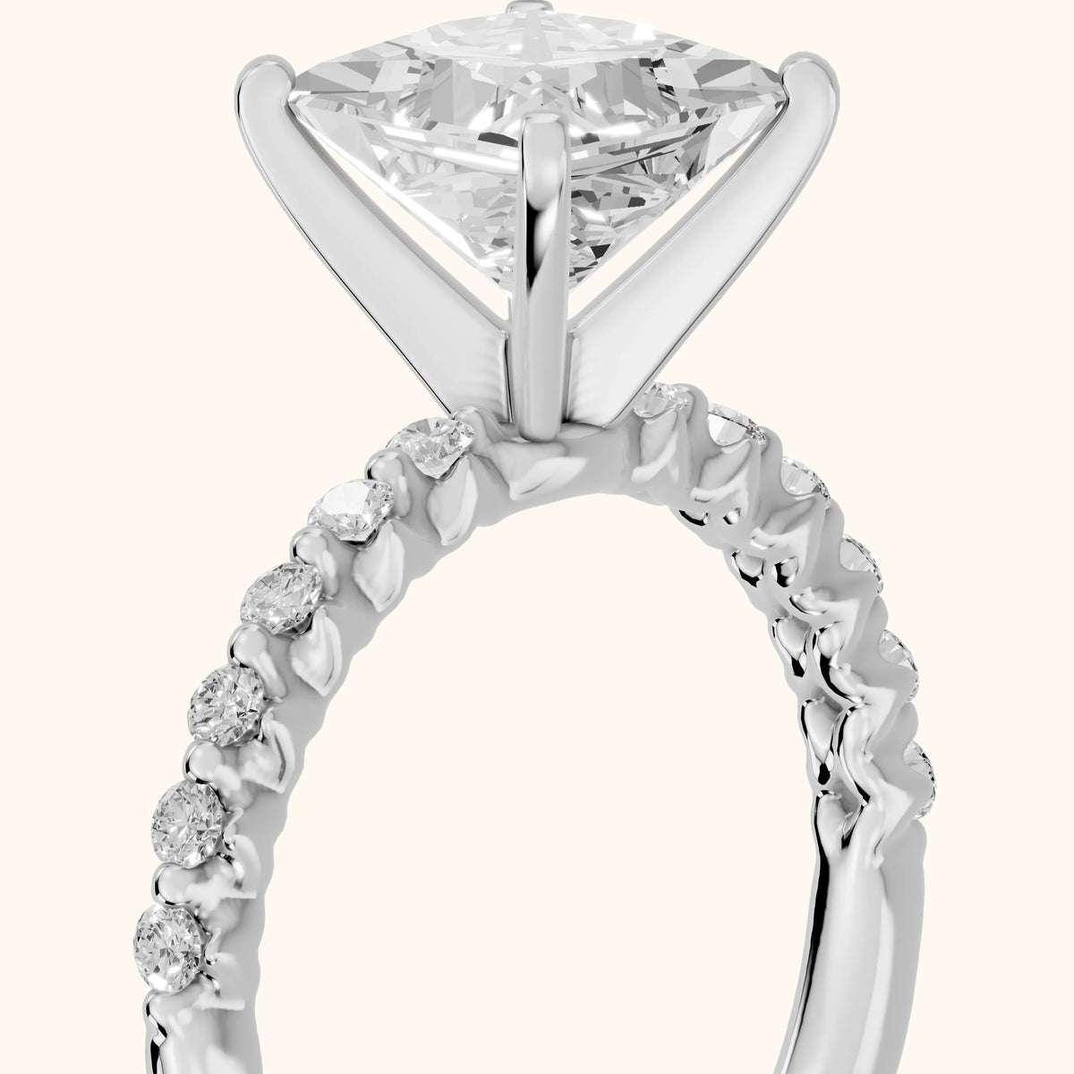 Lilia Beaded Pavé Princess Diamond Engagement Ring in White Gold - slant-view.webp