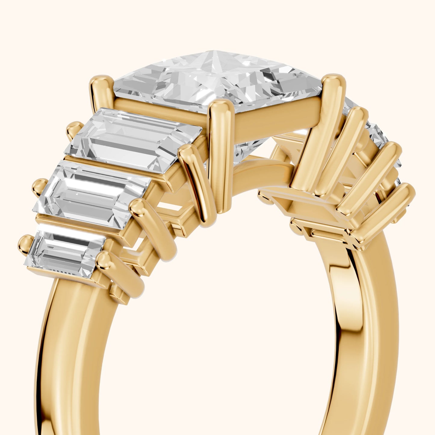 Mara Sidestone Baguette Accent Princess Diamond Engagement Ring in Yellow Gold - slant-view.webp