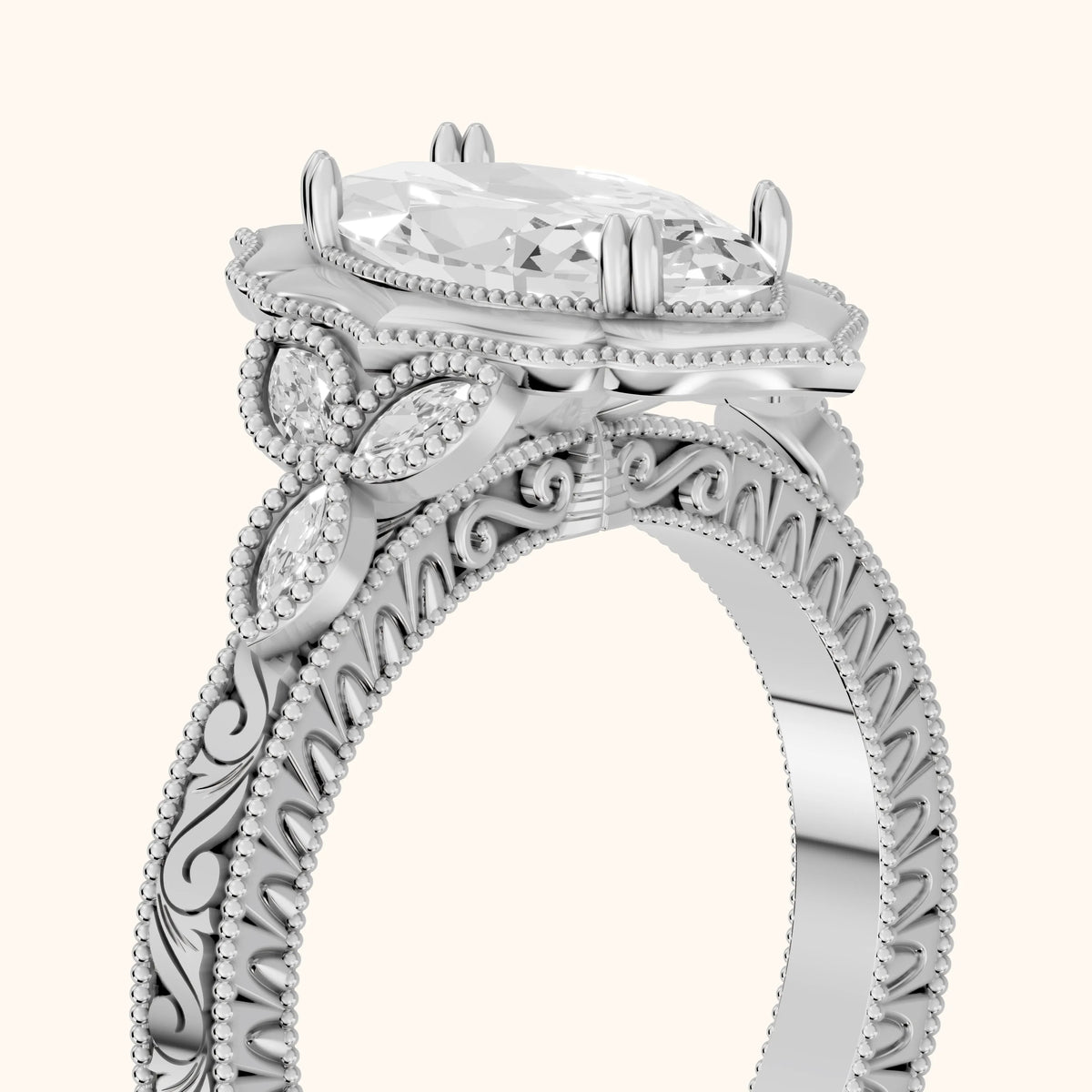 Shasta Vintage Scalloped Marquise Diamond Engagement Ring in Silver - slant-view.webp