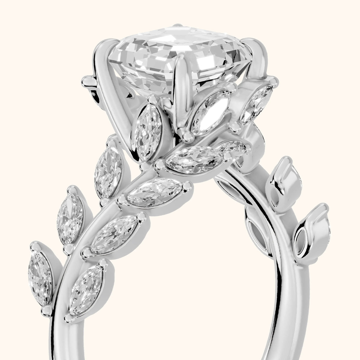Clarion Leaf Bypass Asscher Diamond Engagement Ring in White Gold - slant-view.webp